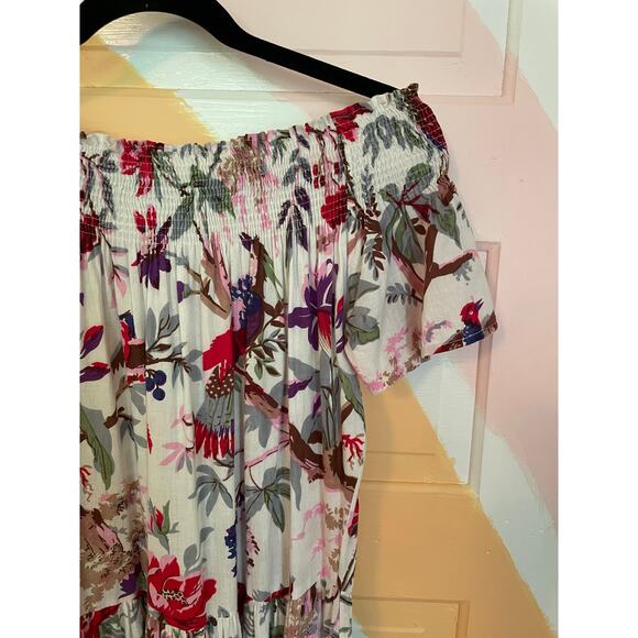 Guadalupe Women’s Maxi Dress Floral Bird Print Cotton Boho Peasant Off Shoulder - Picture 3 of 12